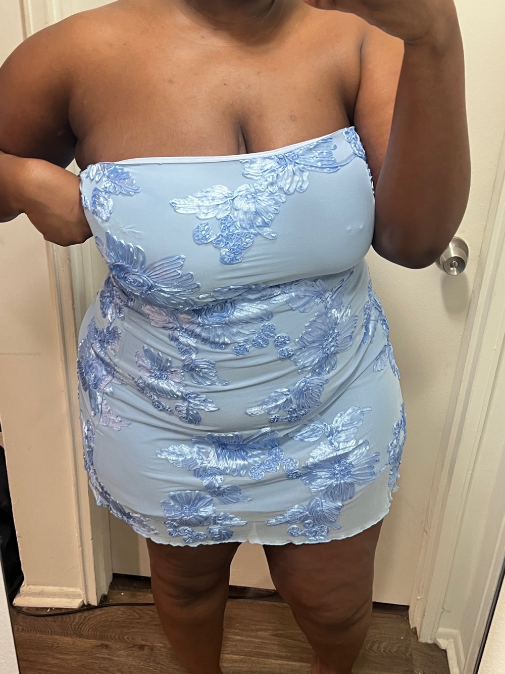 Strapless Light Blue Floral Appliqué Mini Dress - Picture 2 of 15